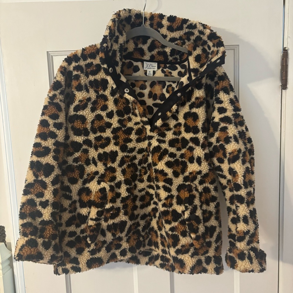 J. Crew Brown and Black Puffer fleece pullover with Leopard Print
